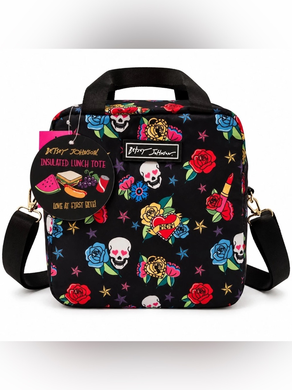 Betsey Johnson Black Floral & Skull Insulated Lunch Tote